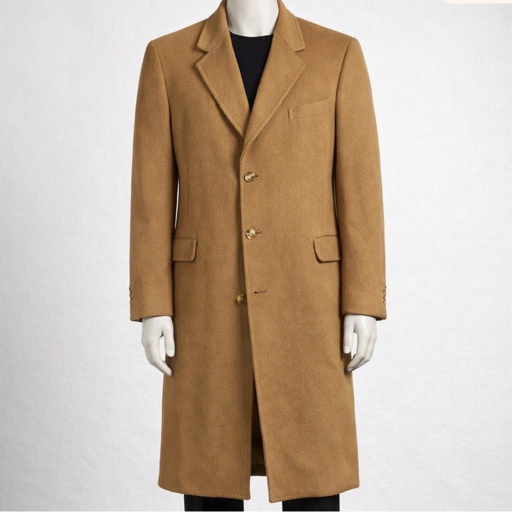 Vintage Dhalishan Mongolian Overcoat Mens 42R 100% Cashmere Tan Camel Flannel